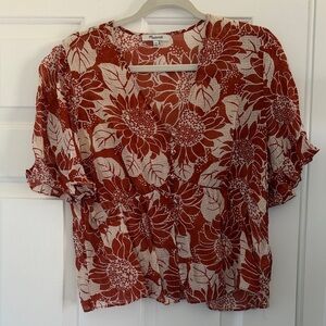 Madewell Burnt Orange Floral V-Neck Short Sleeve Blouse